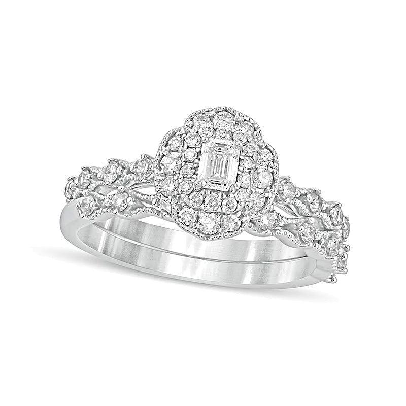 Braut-Set mit Diamanten im Smaragdschliff 0.63 ct. Gesamtgewicht in 10K Weißgold