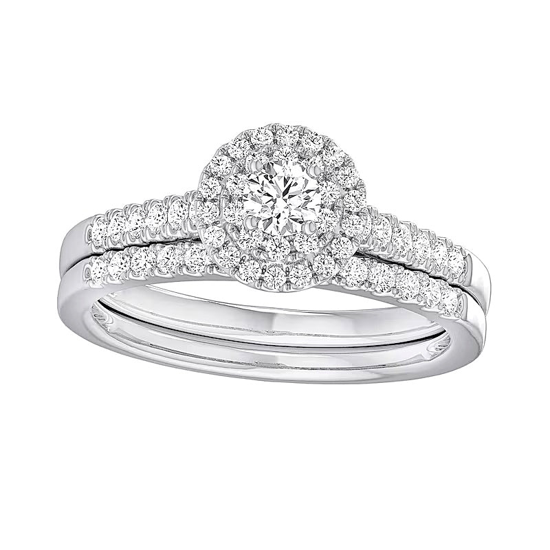 0,5 ct. Gesamtgewicht Diamant-Brautset mit doppeltem Halo in rhodiniertem Sterlingsilber