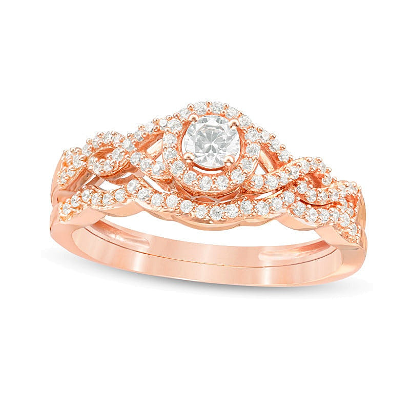 Braut-Set mit Diamanten 0,38 ct. Gesamtgewicht mit Halo und Twist-Design in 10K Roségold