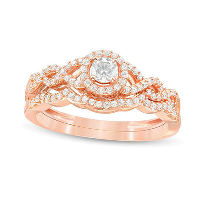 Braut-Set mit Diamanten 0,38 ct. Gesamtgewicht mit Halo und Twist-Design in 10K Roségold