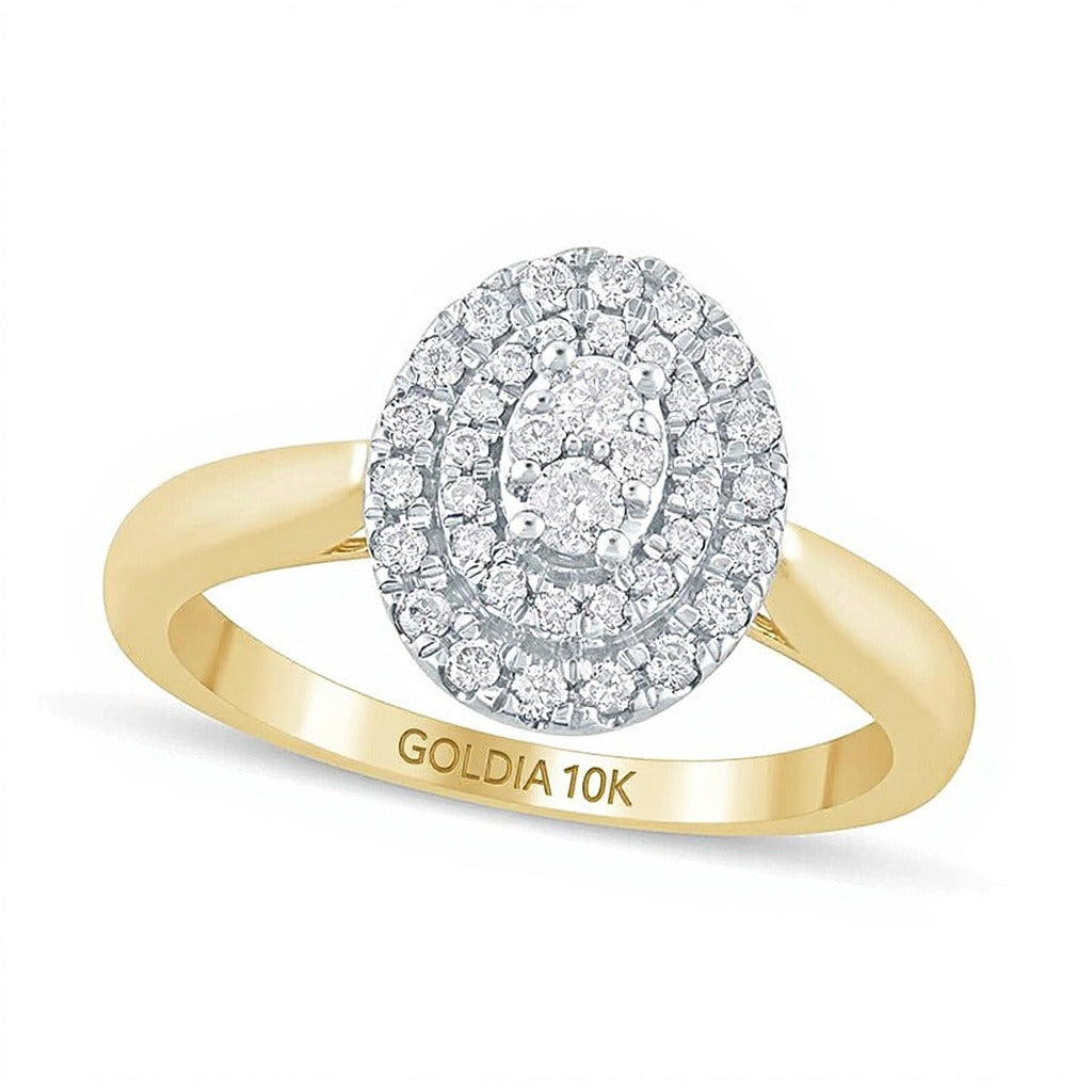 0.33 ct. Gesamtgewicht Komposit-Verlobungsring mit ovalen Diamanten und doppeltem Rahmen in 10K Gelbgold