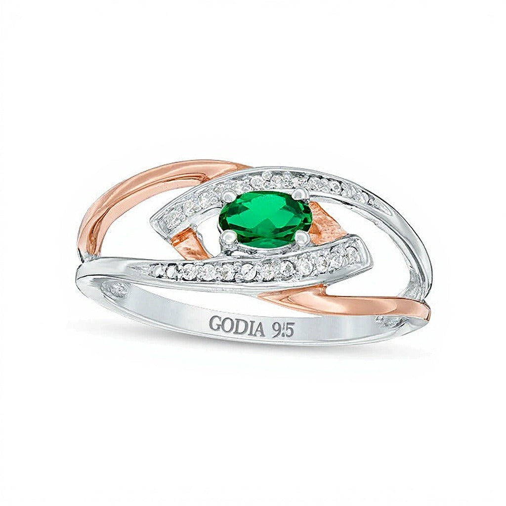 Fashion-Ring mit ovalem Labor-Smaragd und Diamant-Besatz in Sterlingsilber und 10K Roségold