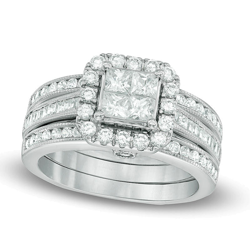1.5 ct. Gesamtgewicht Brautset mit Diamanten im Princess- und Rundschliff in 14K Weißgold