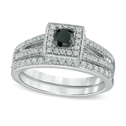 0,5 ct. Gesamtgewicht behandelte schwarze und weiße Diamanten Brautset mit quadratischem Rahmen und geteiltem Ringschienen aus rhodiniertem Sterlingsilber