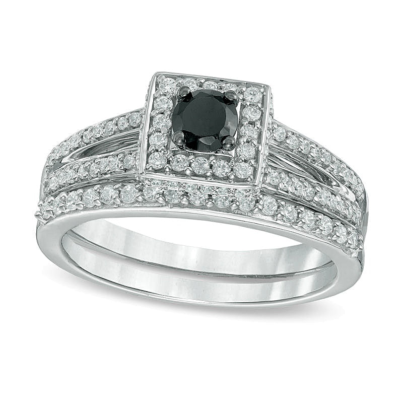 0,5 ct. Gesamtgewicht behandelte schwarze und weiße Diamanten Brautset mit quadratischem Rahmen und geteiltem Ringschienen aus rhodiniertem Sterlingsilber
