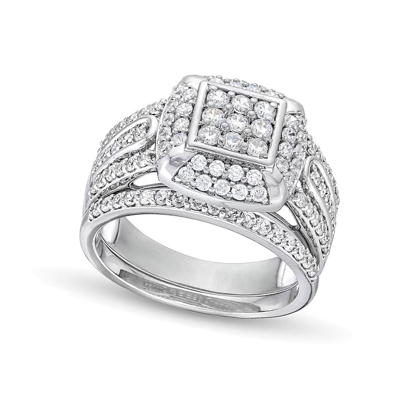 1.0 ct. Gesamtgewicht Diamant-Brautset mit Kissenschliff-Halo, Steine in rund und Princess, 10K Weißgold
