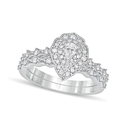 0,63 ct. Gesamtgewicht Brautset mit tropfenförmigem Diamant im Vintage-Stil mit doppeltem Rahmen in 10K Weißgold