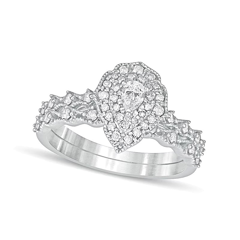 0,63 ct. Gesamtgewicht Brautset mit tropfenförmigem Diamant im Vintage-Stil mit doppeltem Rahmen in 10K Weißgold