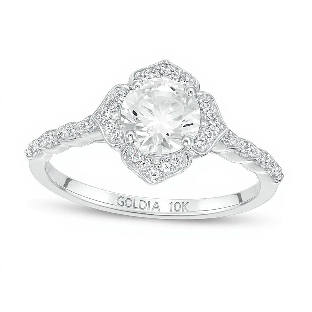 6,0 mm Labor-Saphir in Weiß und 0,13 ct. Gesamtgewicht Diamant Halo-Blütenring in 10K Weißgold