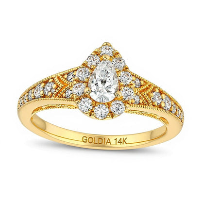 0.75 ct. Gesamtgewicht Verlobungsring im Vintage-Stil mit tropfenförmigem Diamant und Halo aus 14K Gelbgold