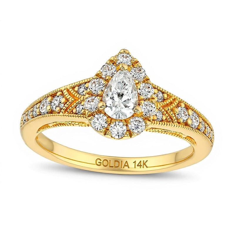 0.75 ct. Gesamtgewicht Verlobungsring im Vintage-Stil mit tropfenförmigem Diamant und Halo aus 14K Gelbgold