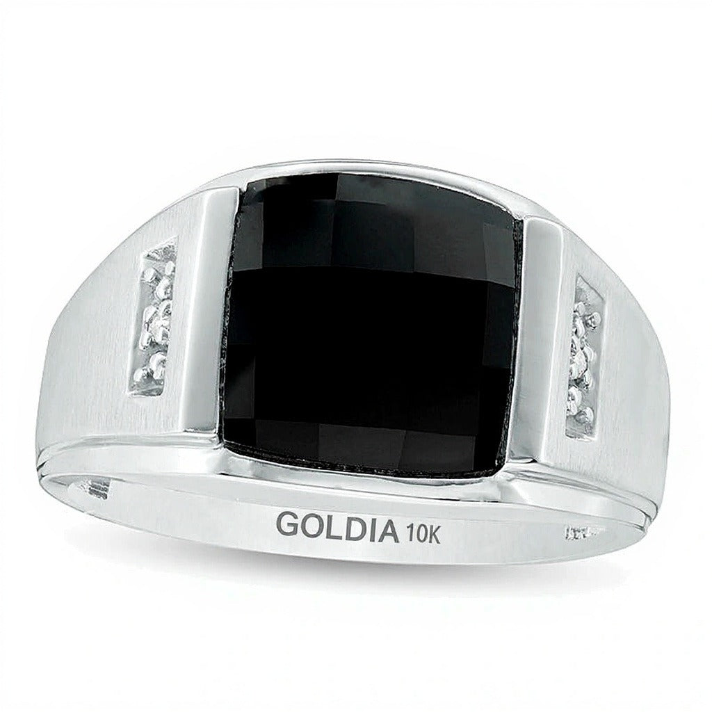 Fashion-Ring mit facettiertem Onyx im Rechteckschliff und Diamant-Besatz in 10K Weißgold