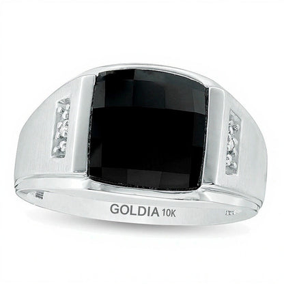 Fashion-Ring mit facettiertem Onyx im Rechteckschliff und Diamant-Besatz in 10K Weißgold