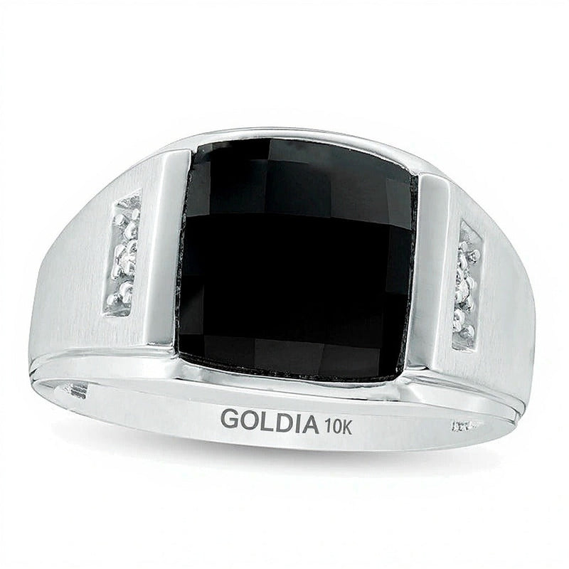 Fashion-Ring mit facettiertem Onyx im Rechteckschliff und Diamant-Besatz in 10K Weißgold