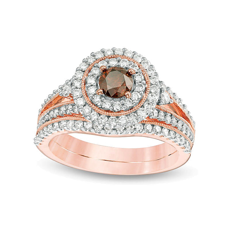 1,25 ct. Gesamtgewicht behandelter Champagne- und weißer Diamant Vintage-Style Braut-Set mit doppeltem Rahmen in 14K Roségold