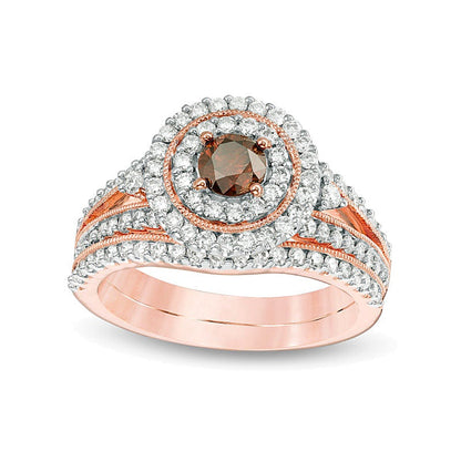 1,25 ct. Gesamtgewicht behandelter Champagne- und weißer Diamant Vintage-Style Braut-Set mit doppeltem Rahmen in 14K Roségold