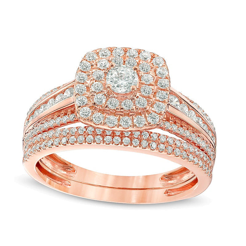 Brautset mit Diamanten im runden und Kissenschliff, 1.0 ct. Gesamtgewicht, in 10K Roségold