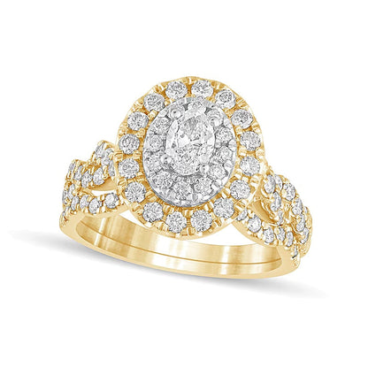 Braut-Set mit ovalem Diamant 1.5 ct. Gesamtgewicht, mehrreihig mit doppeltem Rahmen, in 10K Gelbgold