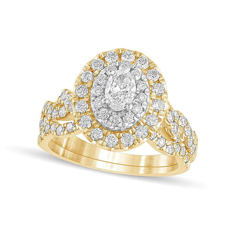 Braut-Set mit ovalem Diamant 1.5 ct. Gesamtgewicht, mehrreihig mit doppeltem Rahmen, in 10K Gelbgold