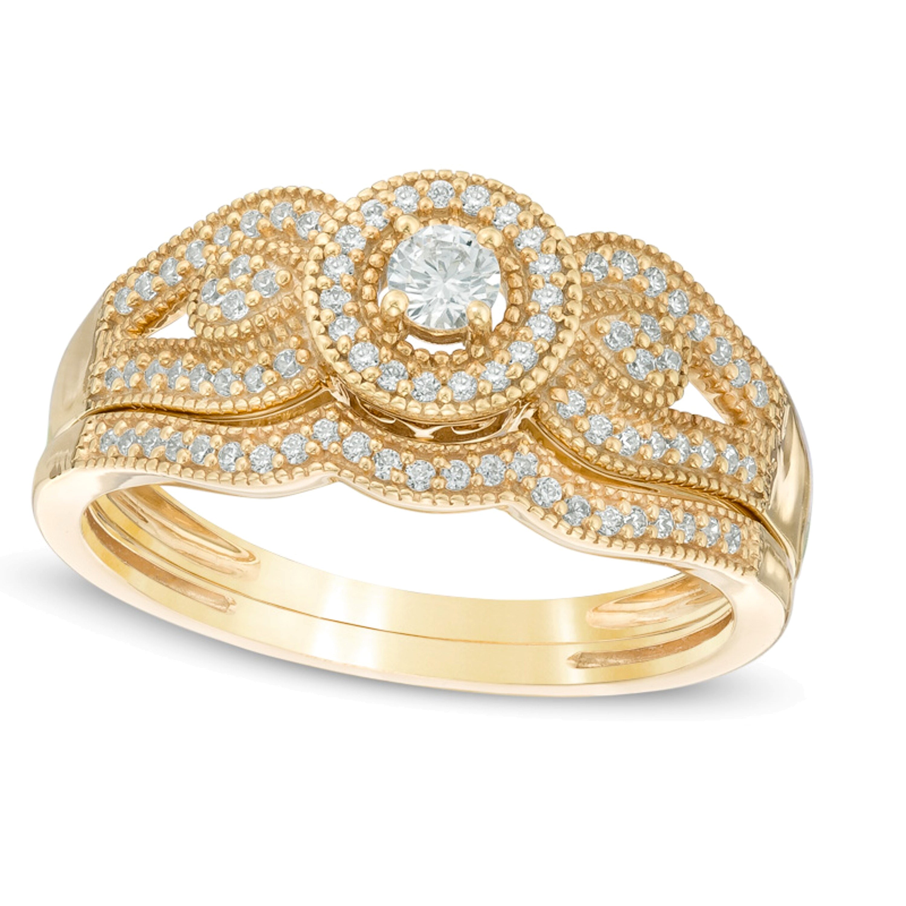 0.25 ct. Gesamtgewicht Diamant Brautset im Vintage-Stil mit Split-Shank und Diamant-Rahmen in 10K Gelbgold