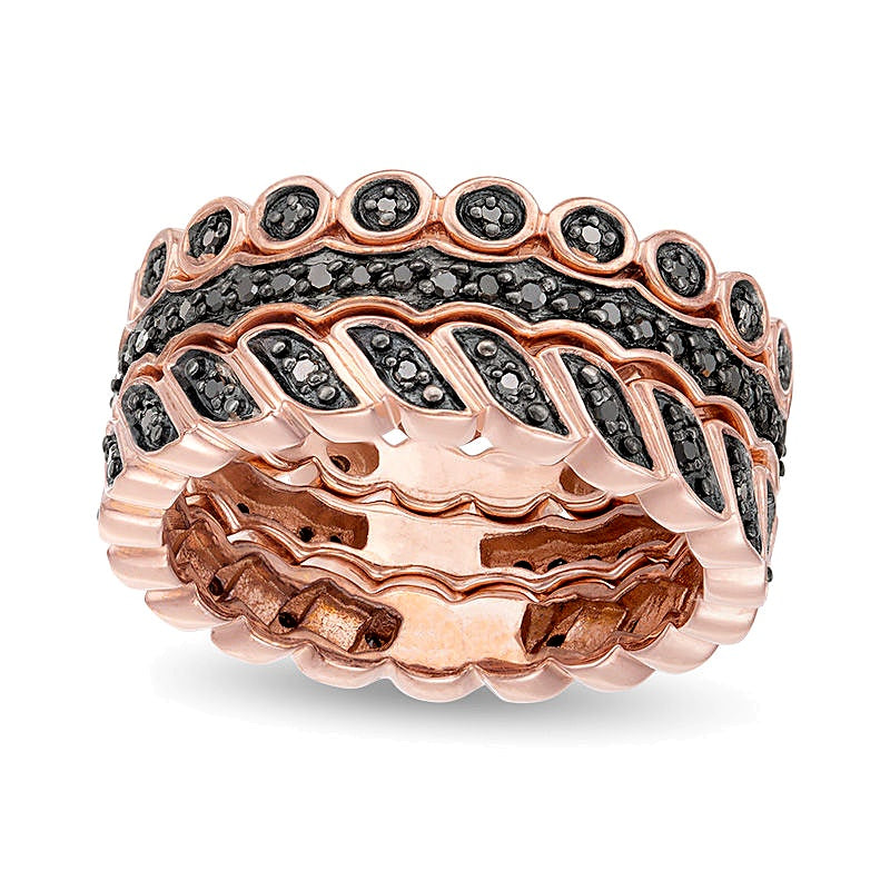 0,25 ct. Gesamtgewicht schwarzer Diamant Stackable Ring-Set aus Sterlingsilber mit 14K Roségold-Auflage