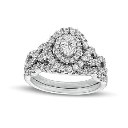 Braut-Set mit ovalen Diamanten und doppeltem Halo mit gedrehter Schiene, 1.0 ct. Gesamtgewicht, in 14K Weißgold