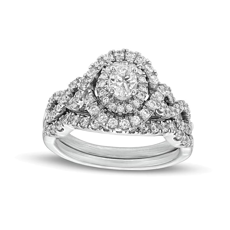 Braut-Set mit ovalen Diamanten und doppeltem Halo mit gedrehter Schiene, 1.0 ct. Gesamtgewicht, in 14K Weißgold