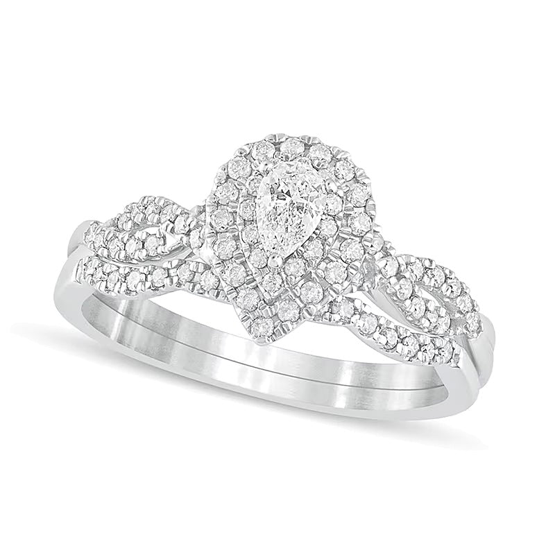0.5 ct. Gesamtgewicht Brautset mit tropfenförmigem Diamant, Doppel-Rahmen und mehrreihigem Design in 10K Weißgold