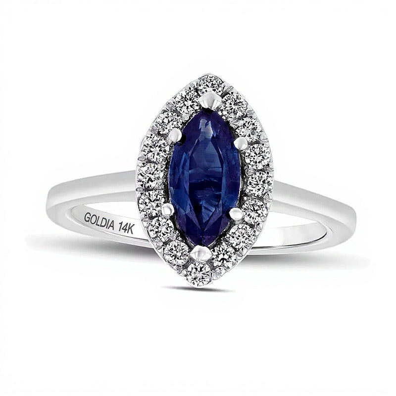 Ring mit blauem Saphir im Marquise-Schliff und Diamanten 0,25 ct. Gesamtgewicht im Halo aus 14K Weißgold