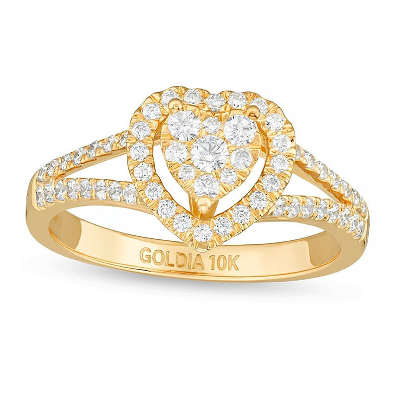 0.5 ct. Gesamtgewicht Komposit-Diamant Verlobungsring mit Herz-Rahmen und geteiltem Ring in 10K Gelbgold