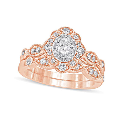 0,63 ct. Gesamtgewicht Diamant-Brautset im Vintage-Stil mit ovalem Rahmen aus doppelten Blütenblättern in 10K Roségold