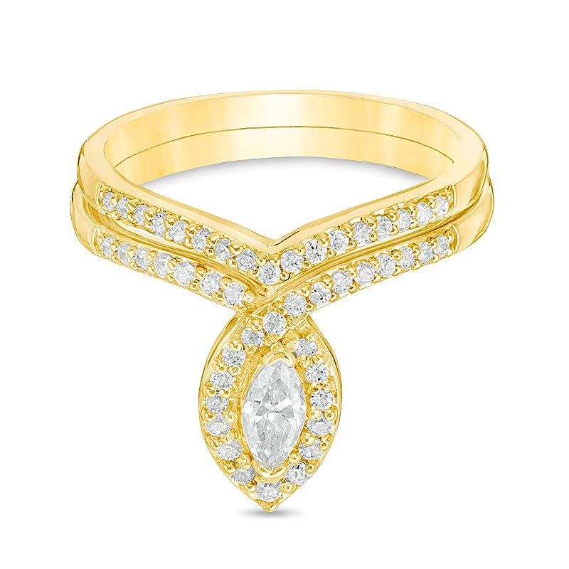 0,5 ct. Gesamtgewicht Diamant-Brautset mit Marquise- und rundem Schliff in 10K Gelbgold