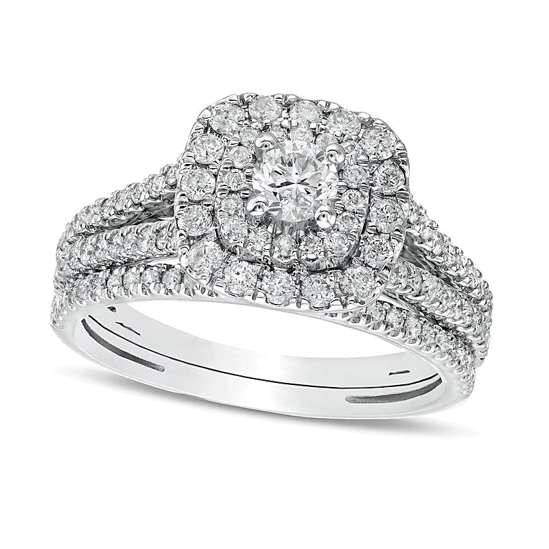 1.0 ct. Gesamtgewicht Diamant Brautset mit doppeltem Kissenschliff-Rahmen mehrreihig in 10K Weißgold