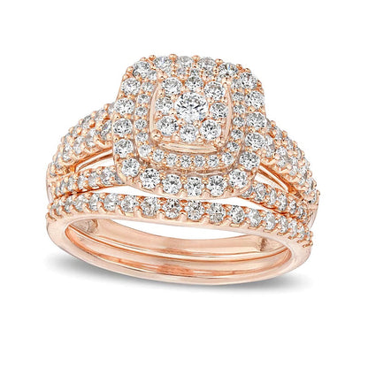 1.13 ct. Gesamtgewicht Braut-Set mit Diamanten im Kissenschliff, mehrreihig mit geteilten Krappen in 10K Roségold