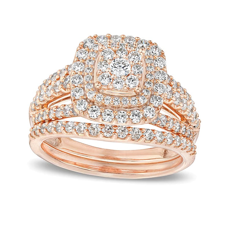 1.13 ct. Gesamtgewicht Braut-Set mit Diamanten im Kissenschliff, mehrreihig mit geteilten Krappen in 10K Roségold