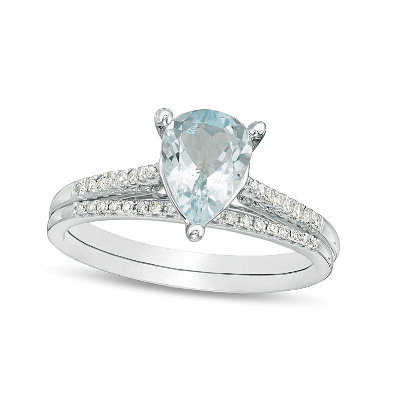Braut-Set mit tropfenförmigem Aquamarin und Diamant 0,13 ct. Gesamtgewicht in 10K Weißgold