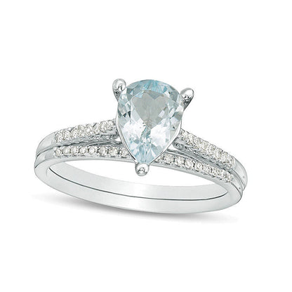 Braut-Set mit tropfenförmigem Aquamarin und Diamant 0,13 ct. Gesamtgewicht in 10K Weißgold