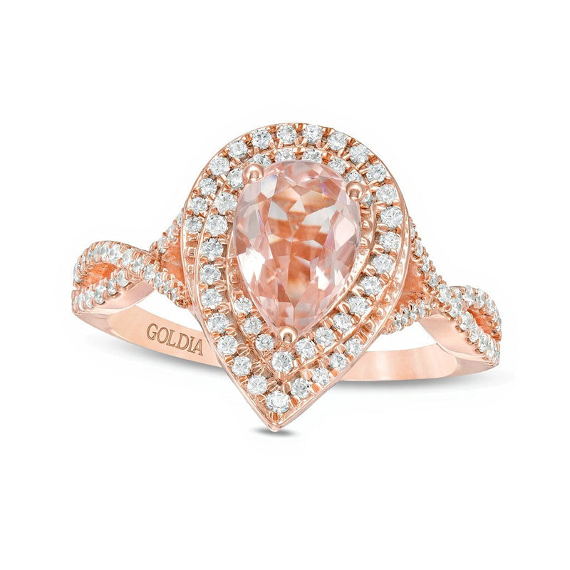 Tropfenförmiger Morganit und 0,5 ct. Gesamtgewicht Diamant Ring mit Halo und Bypass-Ringschiene in 10K Roségold