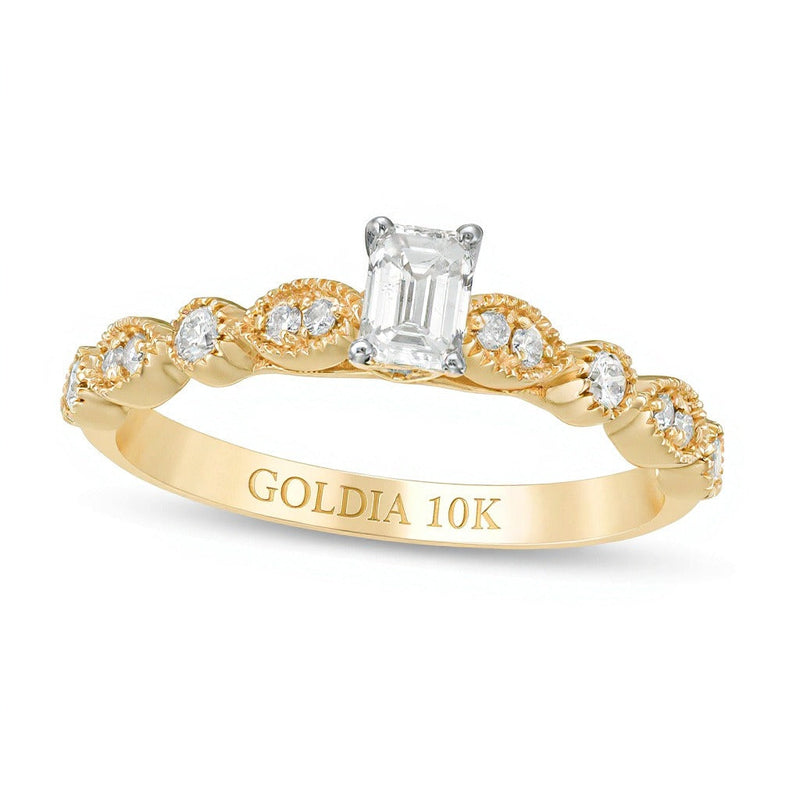 0.5 ct. Gesamtgewicht Diamant im Smaragdschliff mit Marquise-Diamanten Verlobungsring im Vintage-Stil in 10K Gelbgold