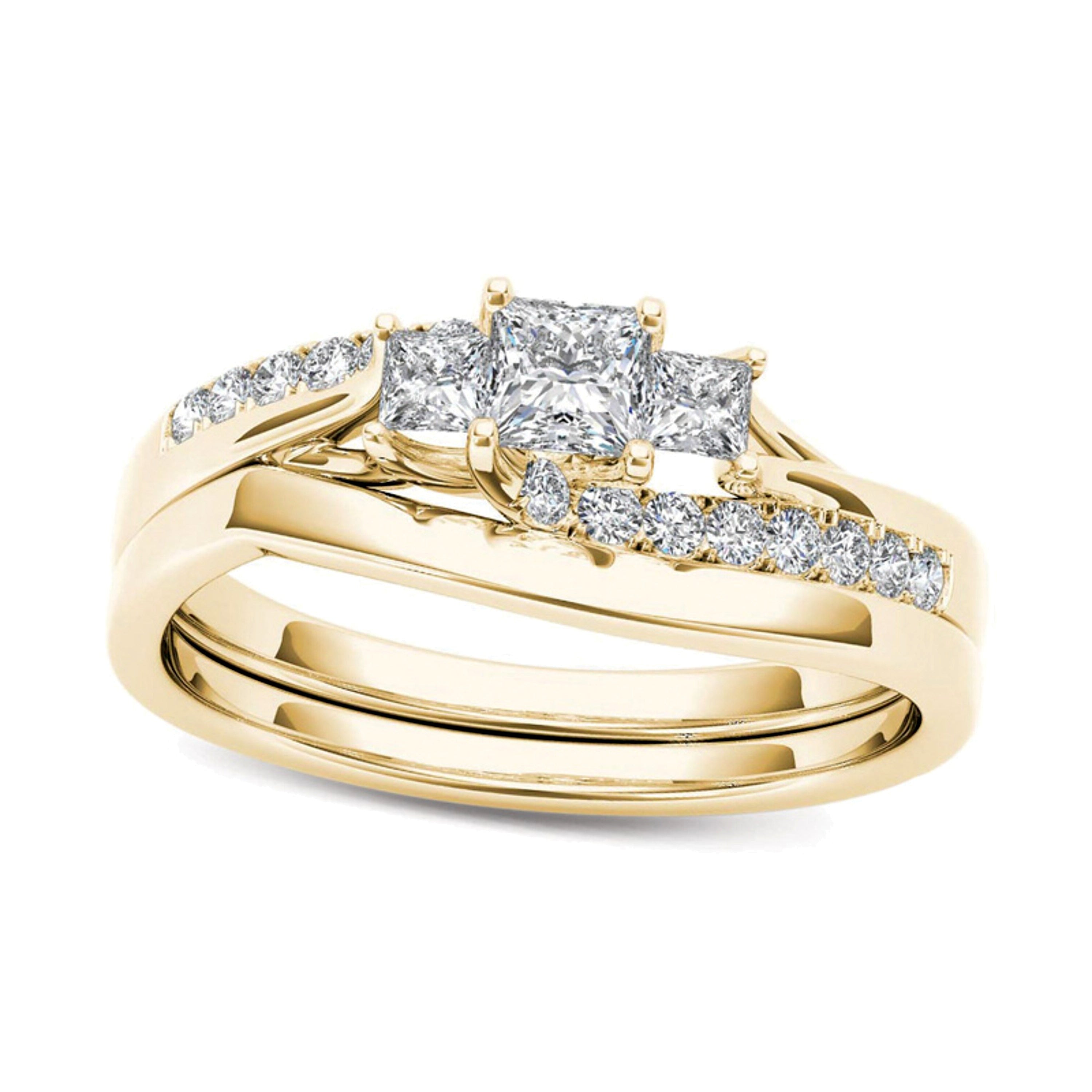 0.5 ct. Gesamtgewicht Diamant im Princess-Schliff Dreistein-Bypass-Brautset in 14K Gelbgold