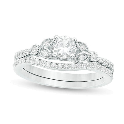 4,5mm im Labor gezüchteter weißer Saphir und Diamant 0,17 ct. Gesamtgewicht Braut-Set im Vintage-Stil mit Blattseiten aus rhodiniertem Sterlingsilber
