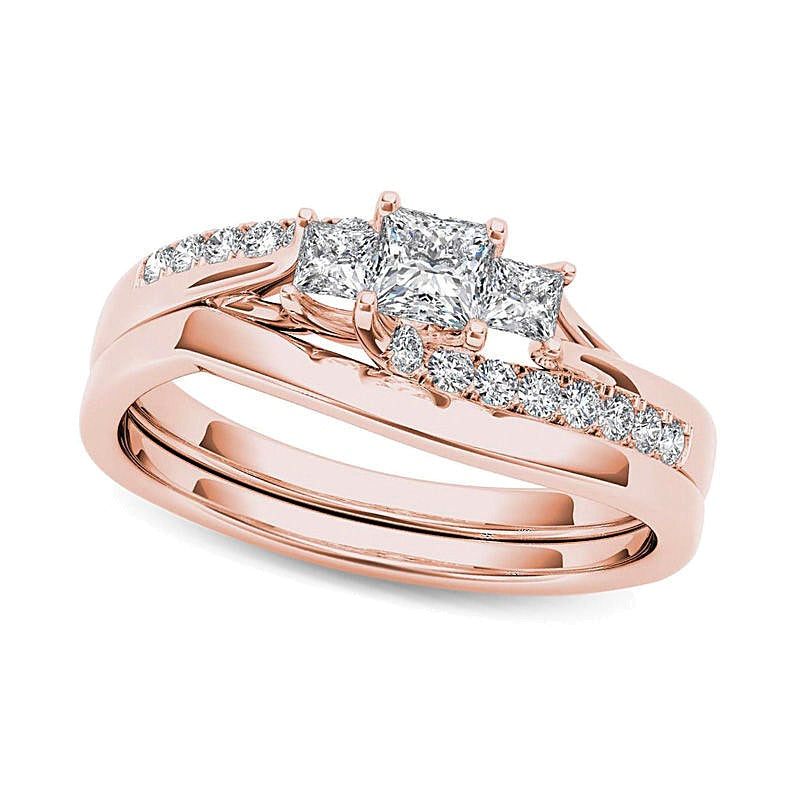 0.5 ct. Gesamtgewicht Brautset Dreistein Bypass mit Diamanten im Princess-Schliff in 14K Roségold