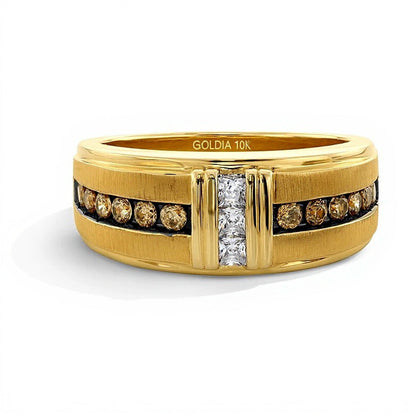 0.63 ct. Gesamtgewicht runder brauner Diamant und weißer Diamant im Square-Schliff Ring in 10K Gelbgold