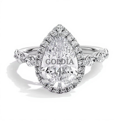 4.0 ct. Gesamtgewicht Verlobungsring mit tropfenförmigem Labordiamant und Halo in 14K Weißgold (F/VS2)