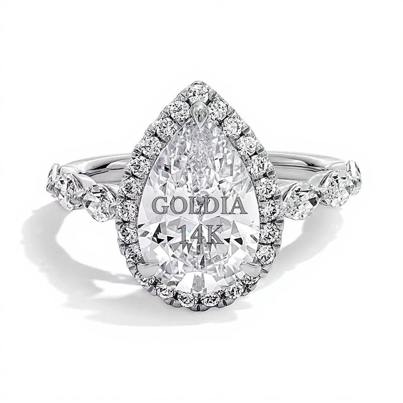 4.0 ct. Gesamtgewicht Verlobungsring mit tropfenförmigem Labordiamant und Halo in 14K Weißgold (F/VS2)