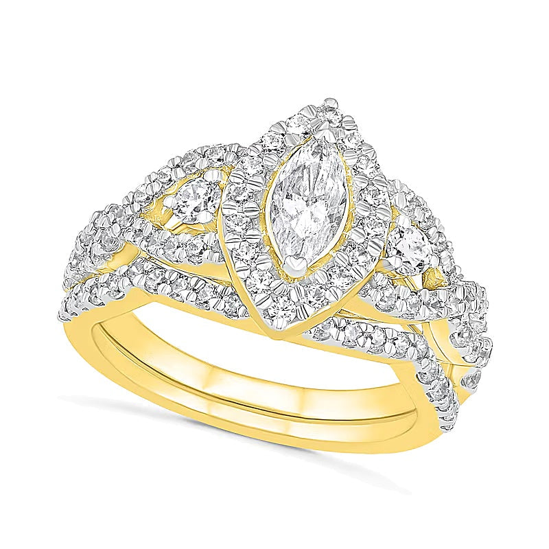 1.5 ct. Gesamtgewicht Brautset mit Diamanten im Marquise- und Rundschliff in 10K Gelbgold