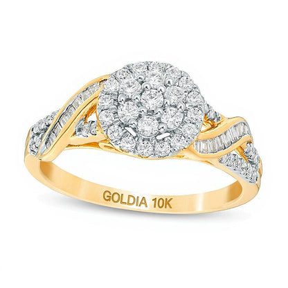 Fashion-Ring mit Diamanten im rund- und Baguette-Schliff 0.5 ct. Gesamtgewicht in 10K Gelbgold