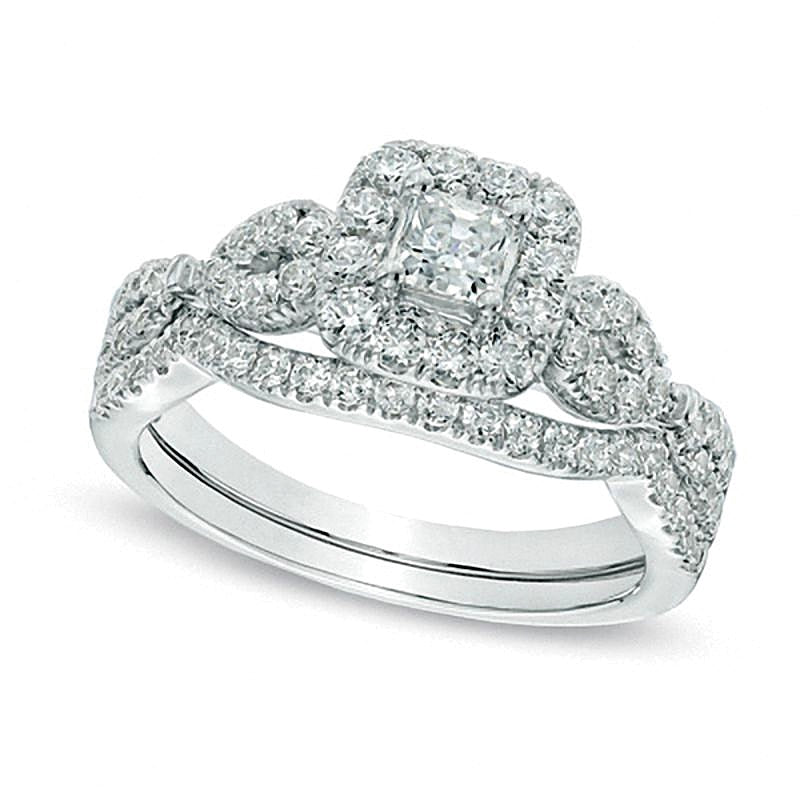 1.0 ct. Gesamtgewicht Brautset mit Diamanten im Princess- und Rundschliff in 14K Weißgold