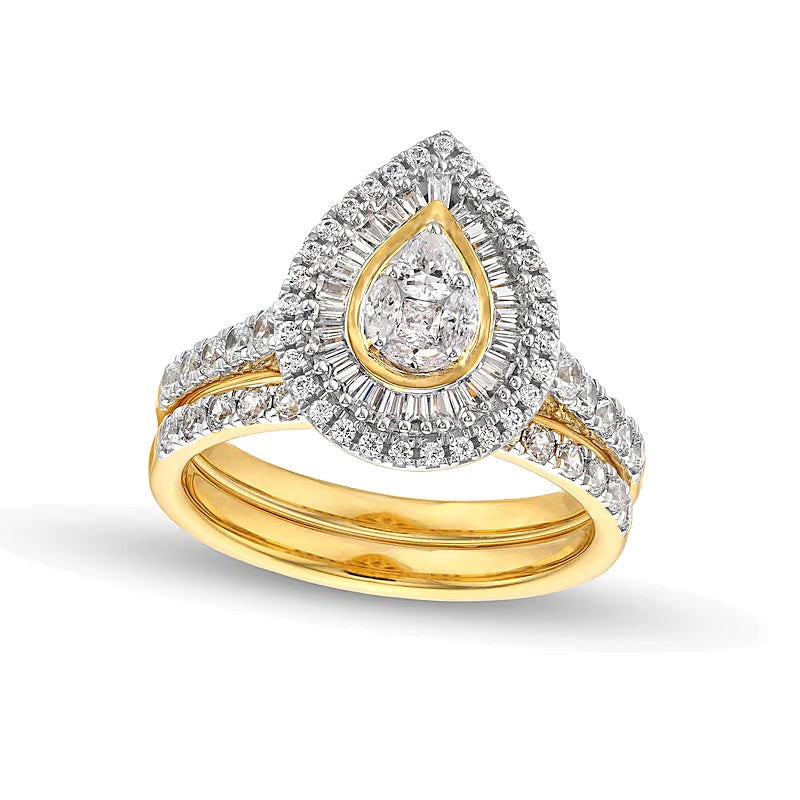 Braut-Set mit Diamanten im Tropfen- und Baguette-Schliff in 14K Gelbgold, 1.0 ct. Gesamtgewicht