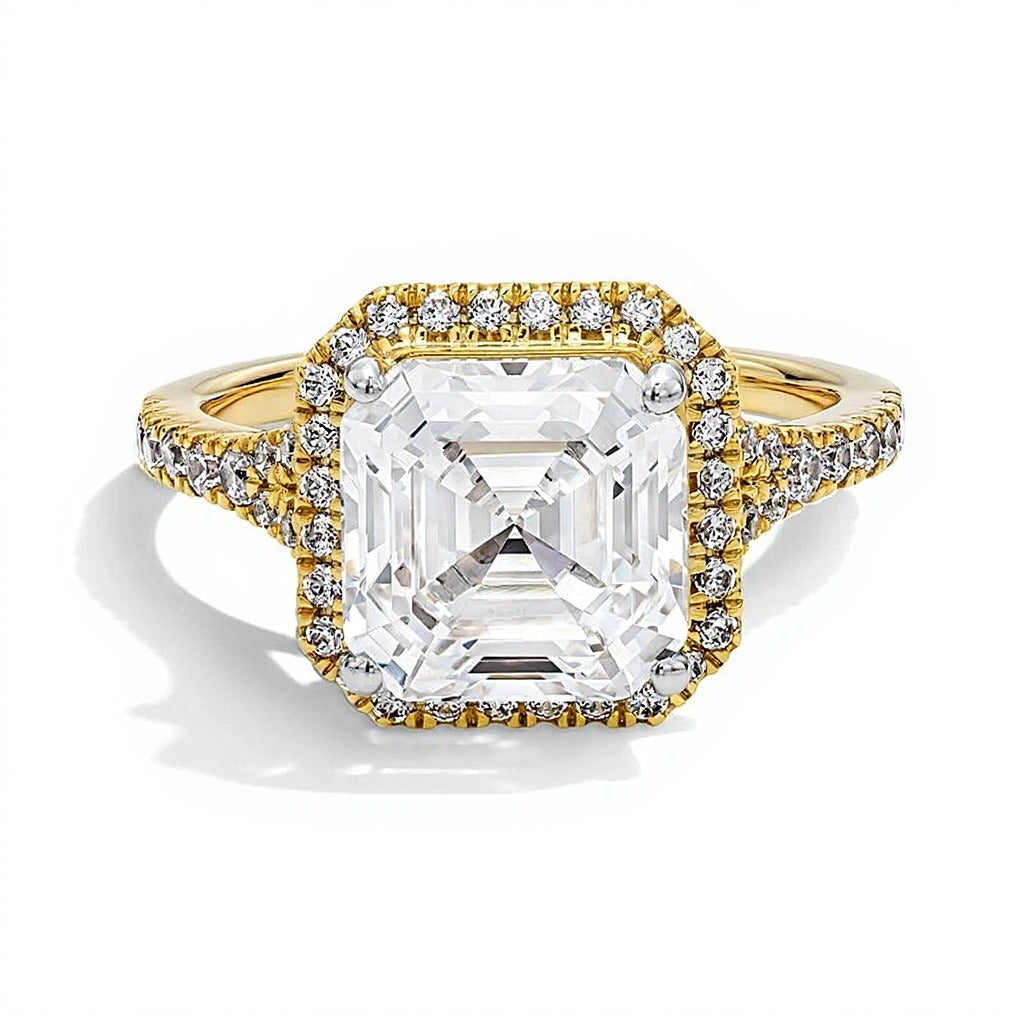 Halo-Verlobungsring mit Labordiamanten im Asscher- und Rundschliff 4.5 ct. Gesamtgewicht in 14K Gelbgold (F/VS2)